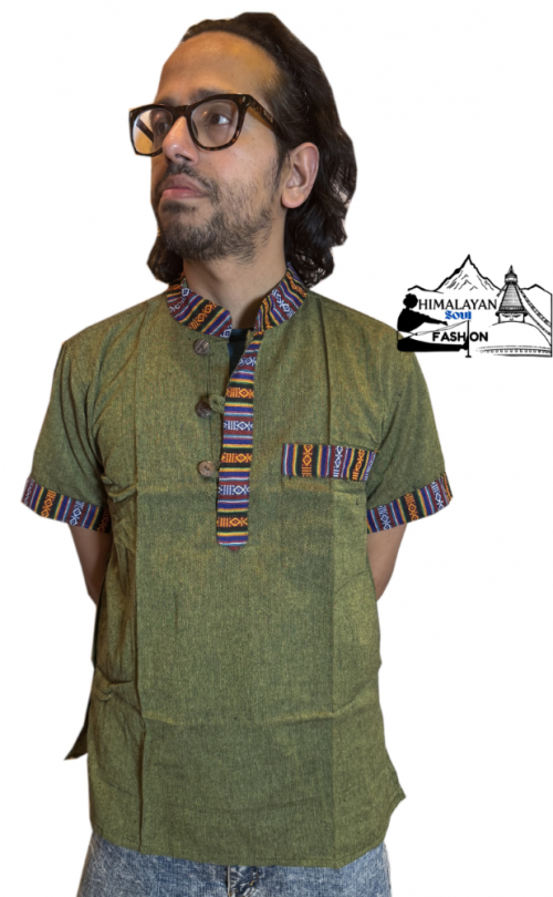bhutani-style-100-percent-cotton-half-sleeve-kurta-olive-green-handmade-in-nepal